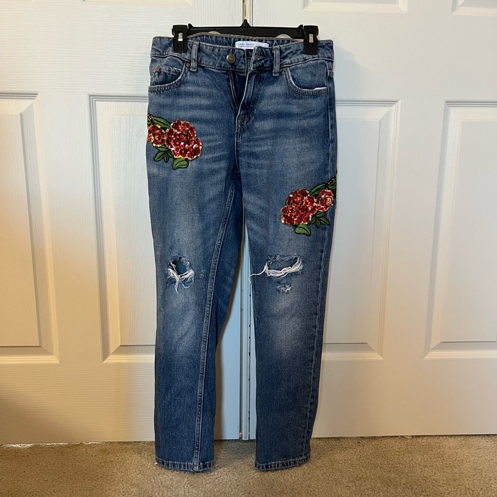 Zara Basic Denim distressed jeans with floral details